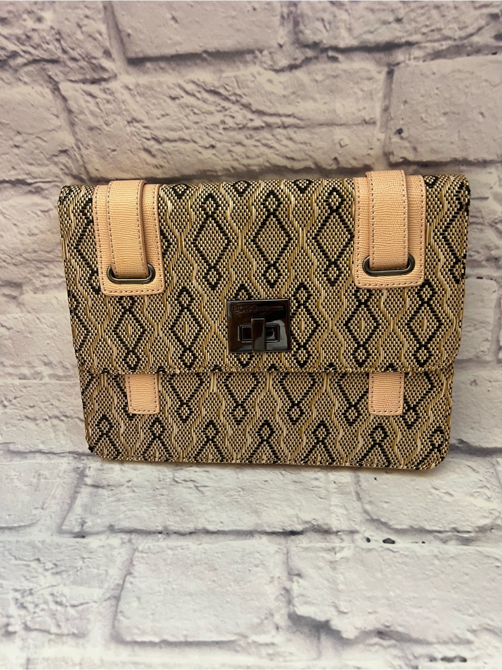 BCBGeneration Tan and Black Geometric Woven Clutch
